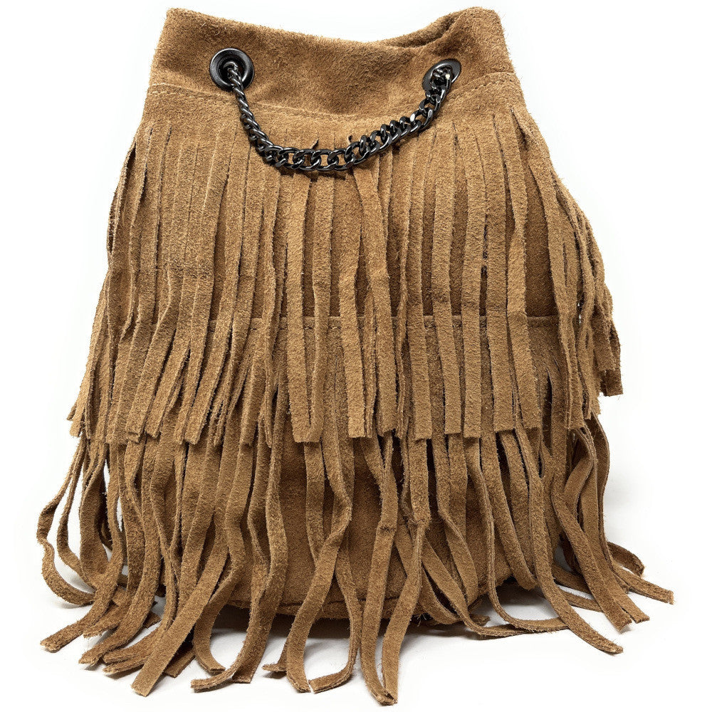 Sac à main à franges en croûte de cuir TADI Camel