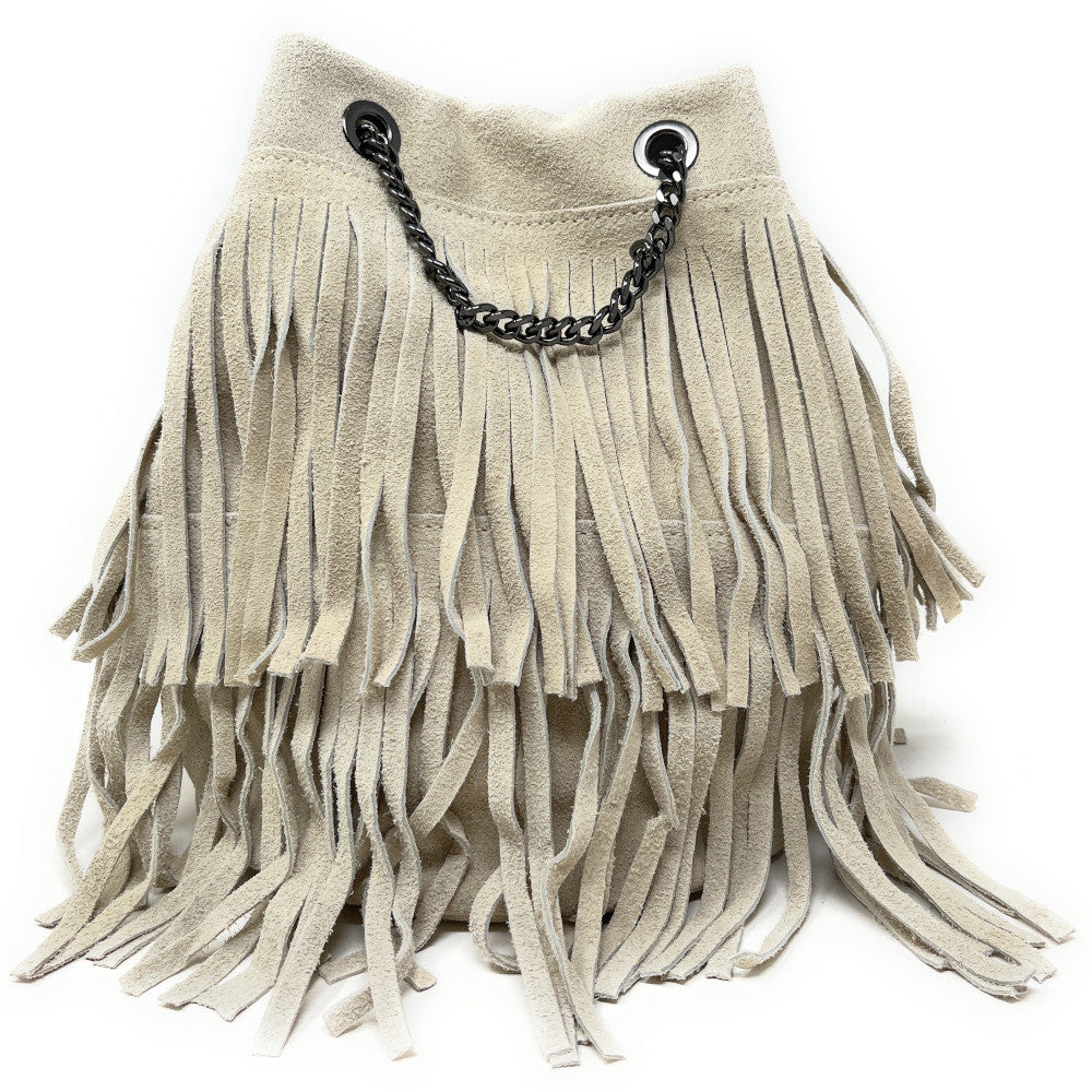 Sac à main à franges en croûte de cuir TADI Taupe clair