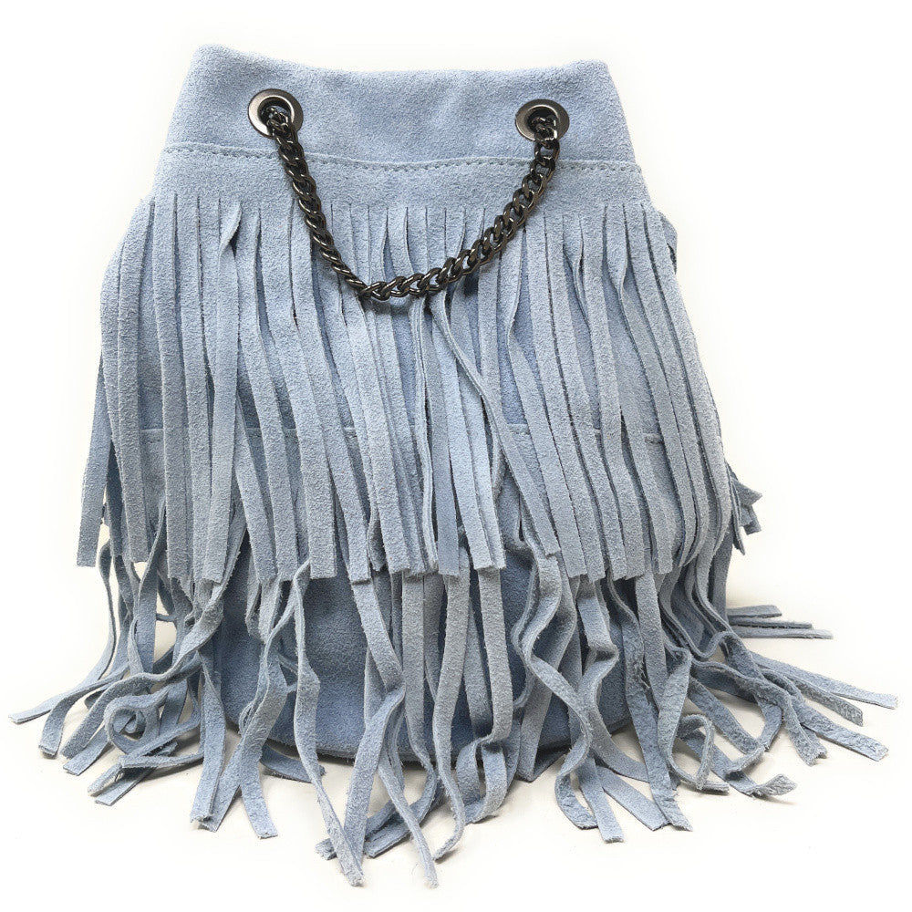 Sac à main à franges en croûte de cuir TADI Bleu pastel