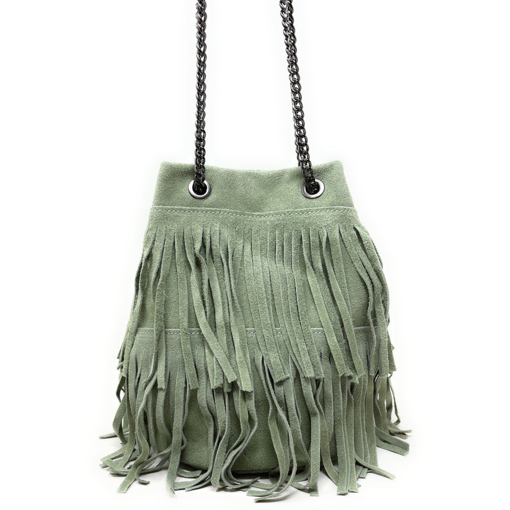 Sac à main à franges en croûte de cuir TADI Vert pastel