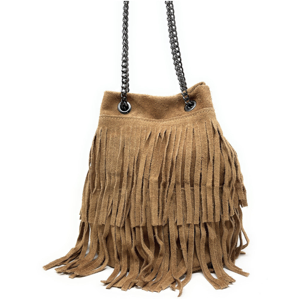 Sac à main à franges en croûte de cuir TADI Camel