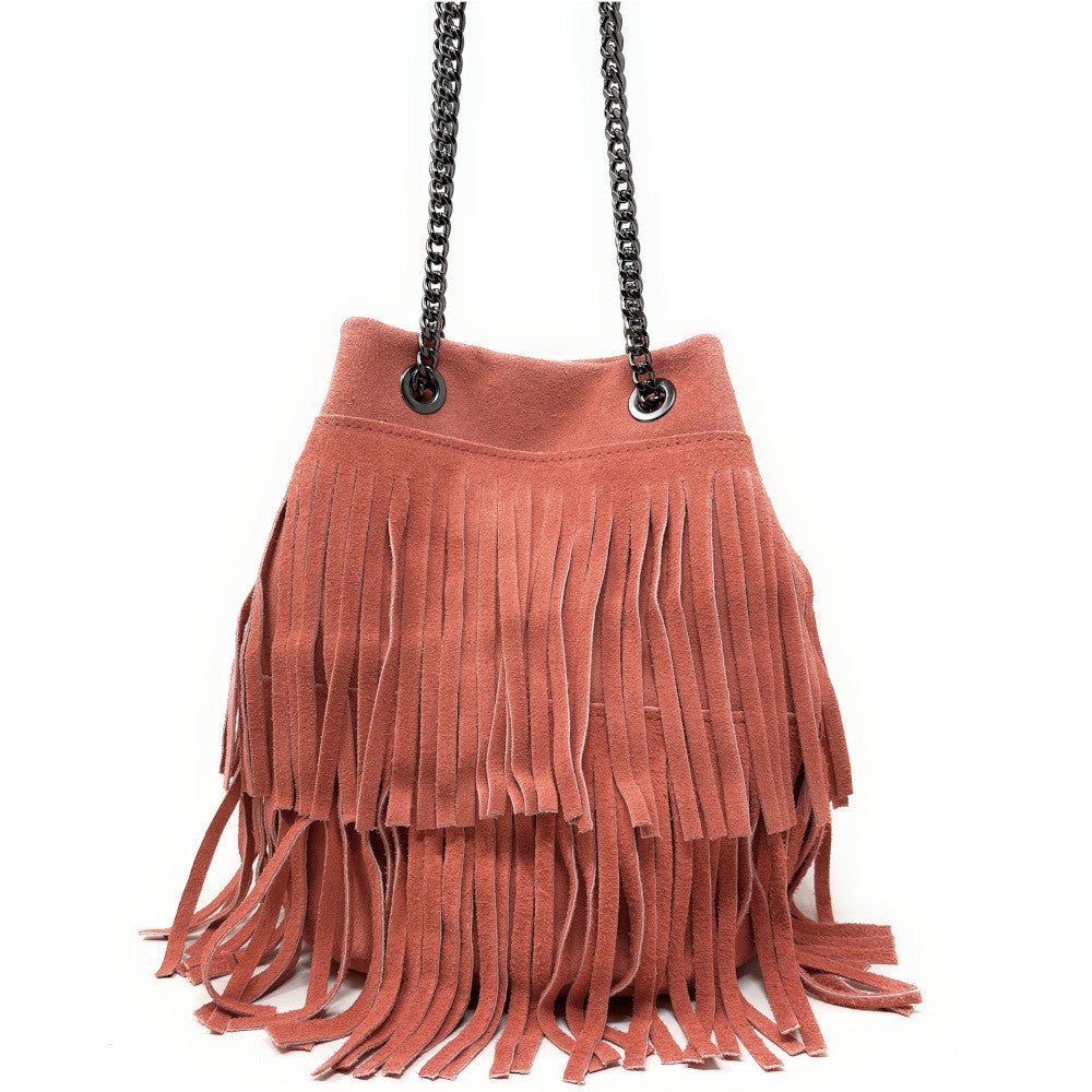 Sac à main à franges en croûte de cuir TADI Rose corail