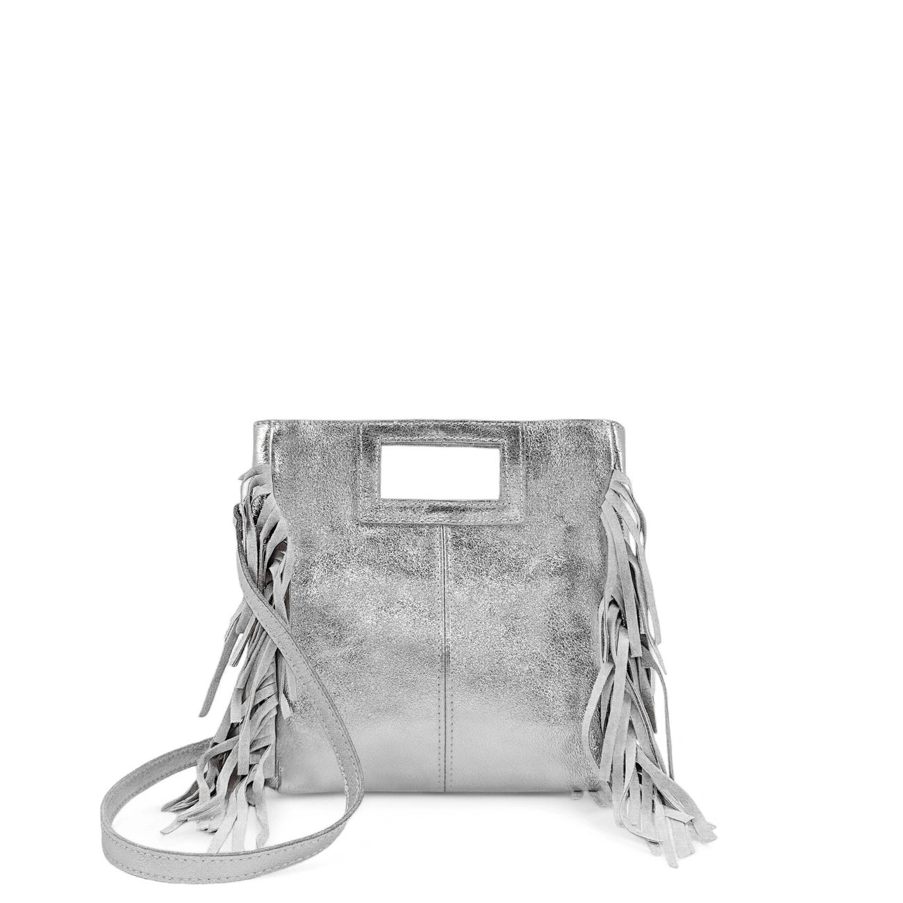 Sac à main bandoulière à franges en cuir irisé et daim ENOLA Argent clair