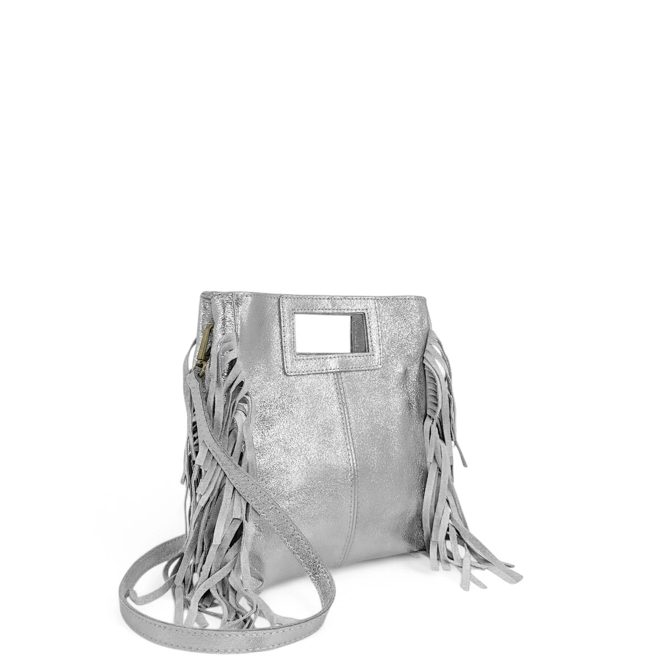 Sac à main bandoulière à franges en cuir irisé et daim ENOLA Argent clair