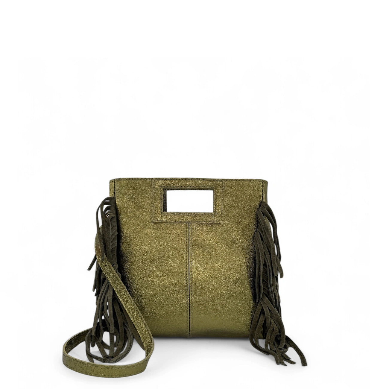 Borsa main frangia in pelle irisé e pelle scamosciata ENOLA Cachi irise