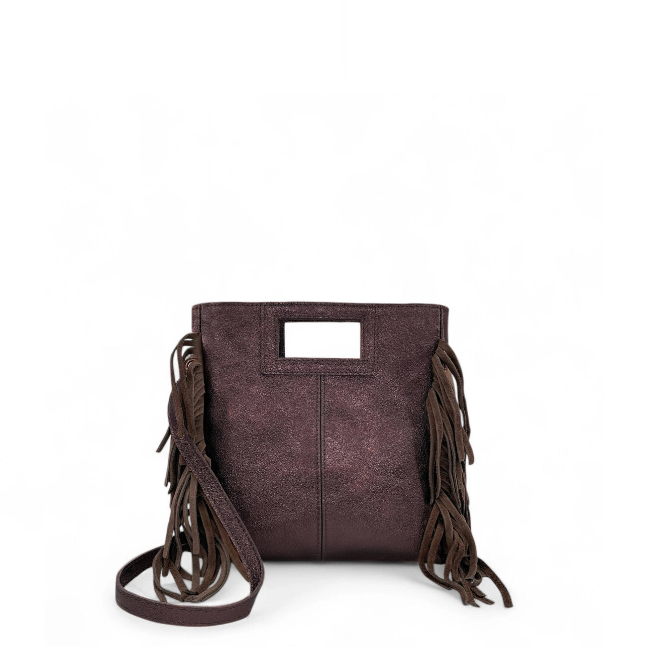 Sac à main bandoulière à franges en cuir irisé et daim ENOLA Chocolat irisé