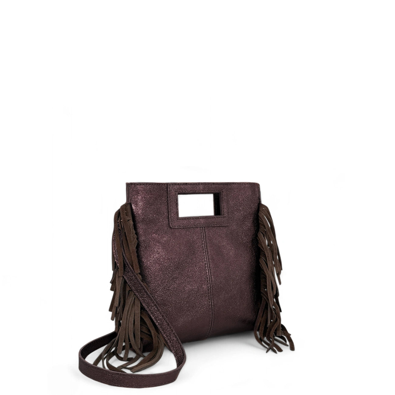 Sac à main bandoulière à franges en cuir irisé et daim ENOLA Chocolat irisé