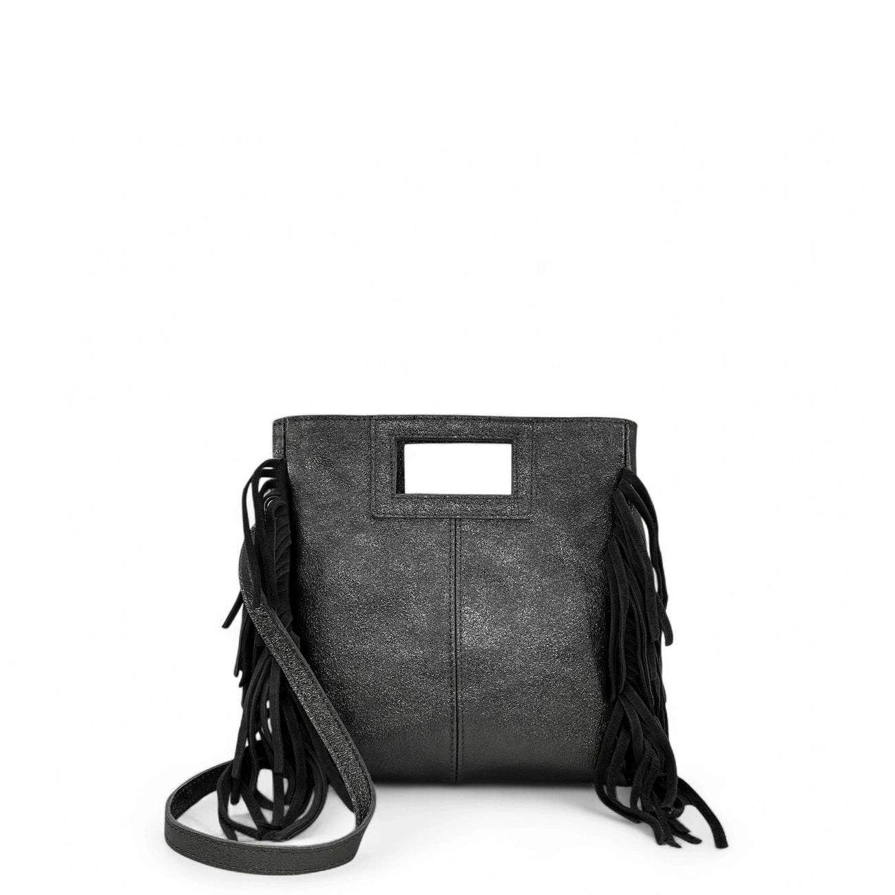 Sac à main bandoulière à franges en cuir irisé et daim ENOLA Noir irisé