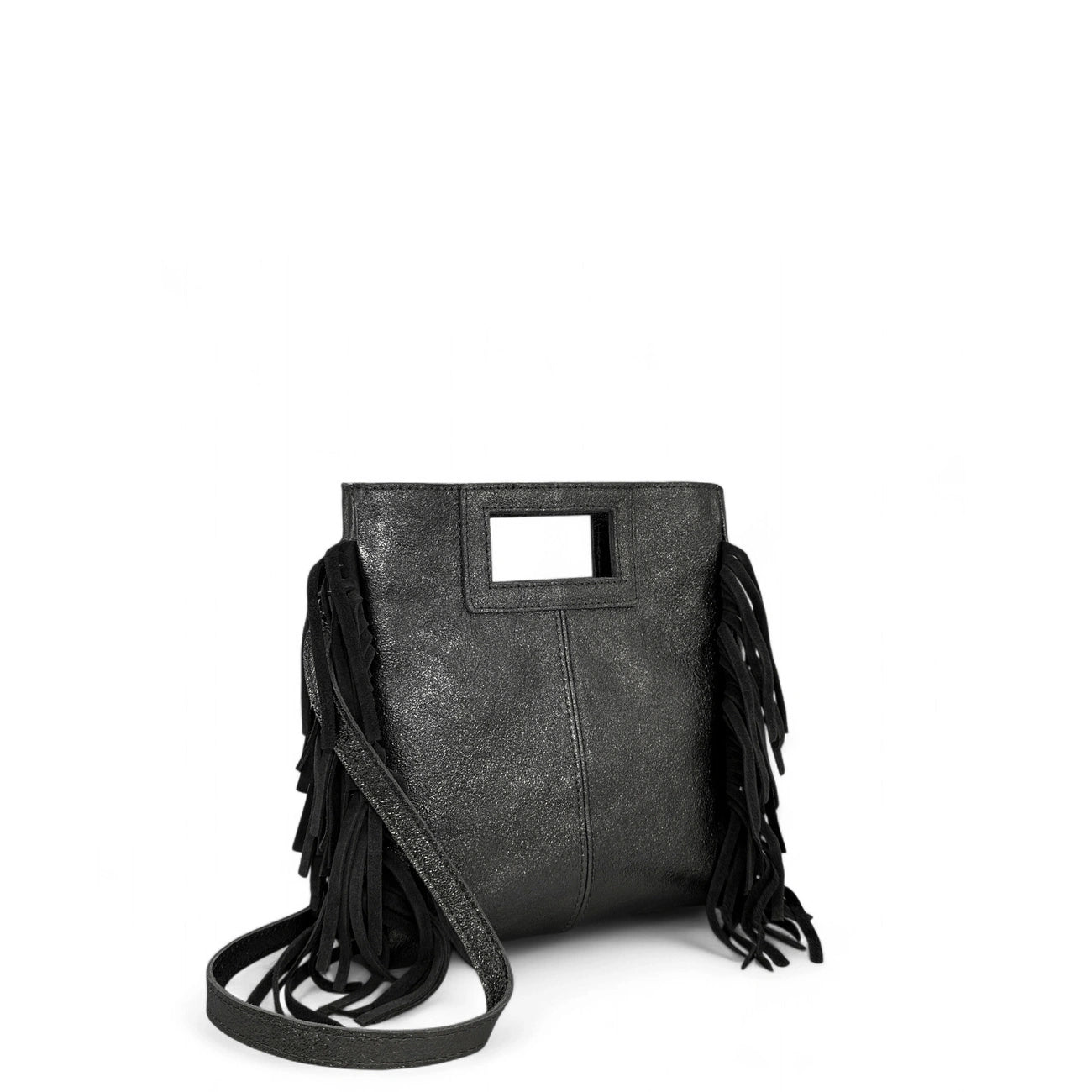 Sac à main bandoulière à franges en cuir irisé et daim ENOLA Noir irisé