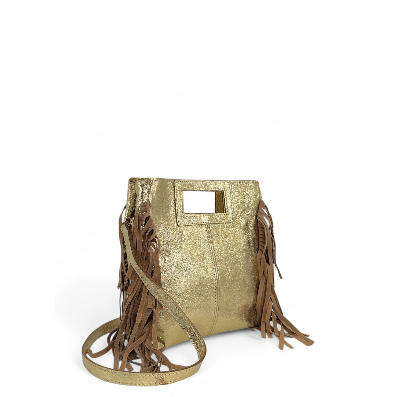 Borsa main frangia in pelle irisé e pelle scamosciata ENOLA Oro pallido