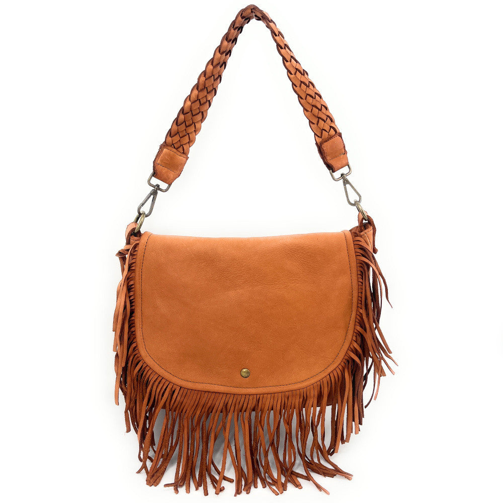 Sac besace à franges en cuir vintage MISS NAYA Camel foncé