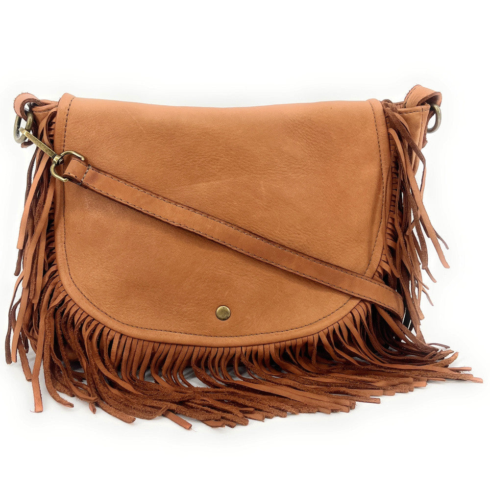 Sac besace à franges en cuir vintage MISS NAYA Camel foncé