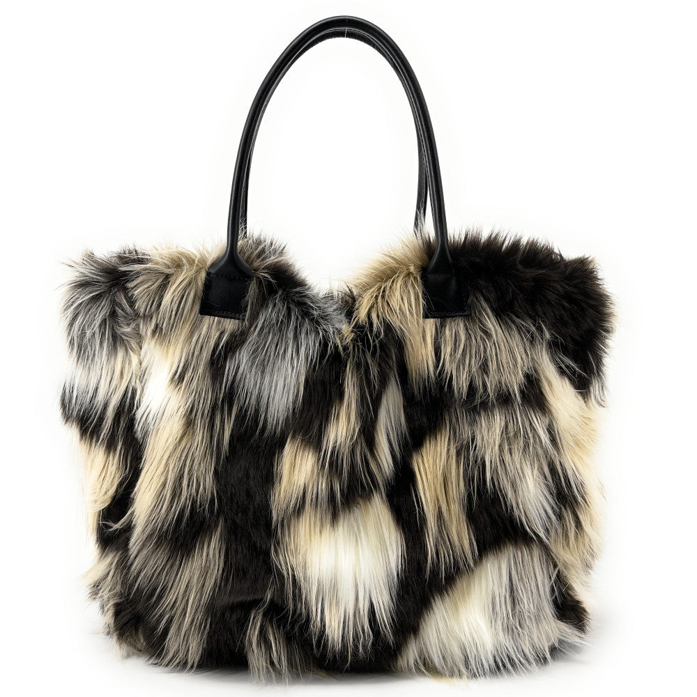 Sac cabas shopping XL en fausse fourrure et cuir TABBY Noir