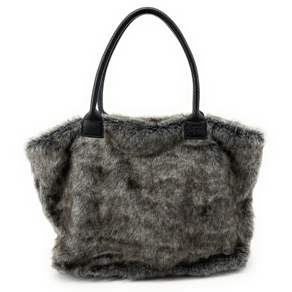 Sac cabas shopping XL en fausse fourrure et cuir TABBY Gris taupe foncé