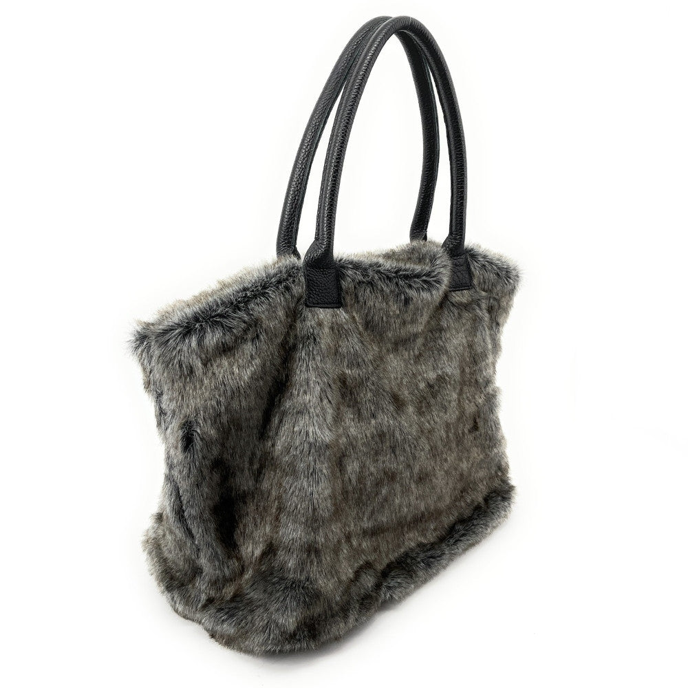 Sac cabas shopping XL en fausse fourrure et cuir TABBY Gris taupe foncé