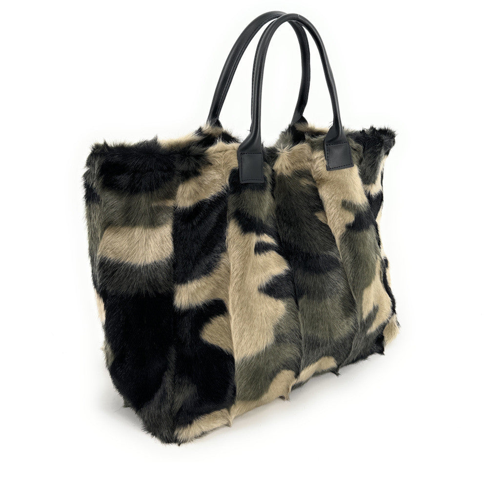 Sac cabas shopping XL en fausse fourrure et cuir TABBY Camouflage