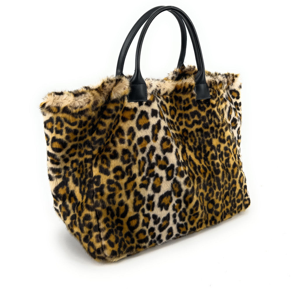 Sac cabas shopping XL en fausse fourrure et cuir TABBY Léopard