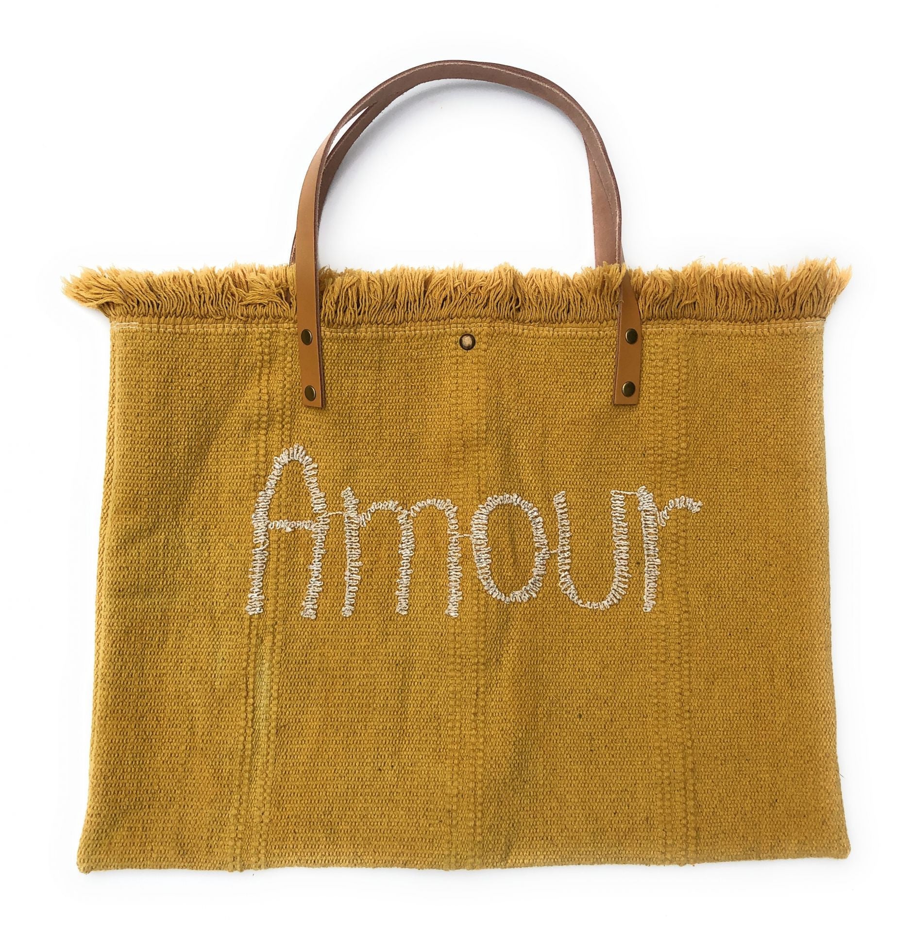 Sac de plage cabas en tissu AMOUR Jaune Moutarde