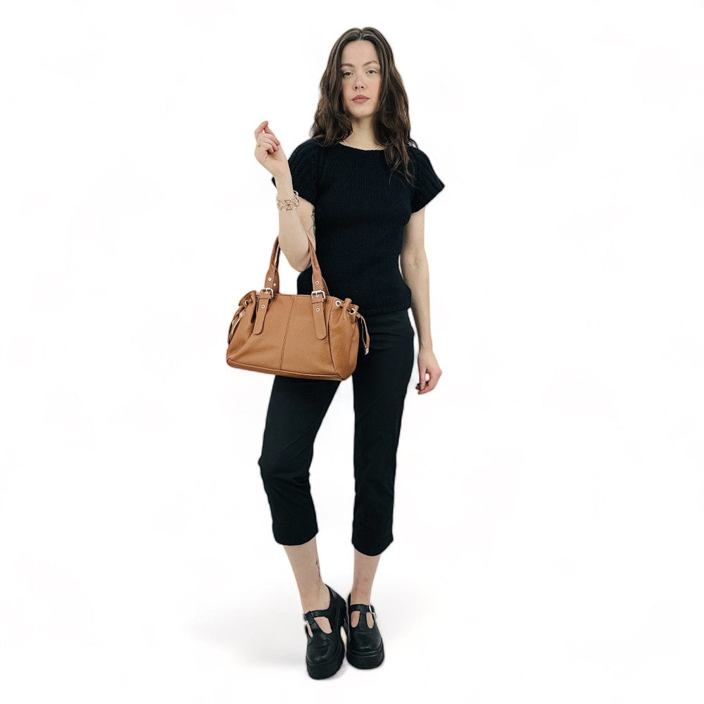 Sac bowling porté épaule en cuir grainé PRINCESSE Camel foncé