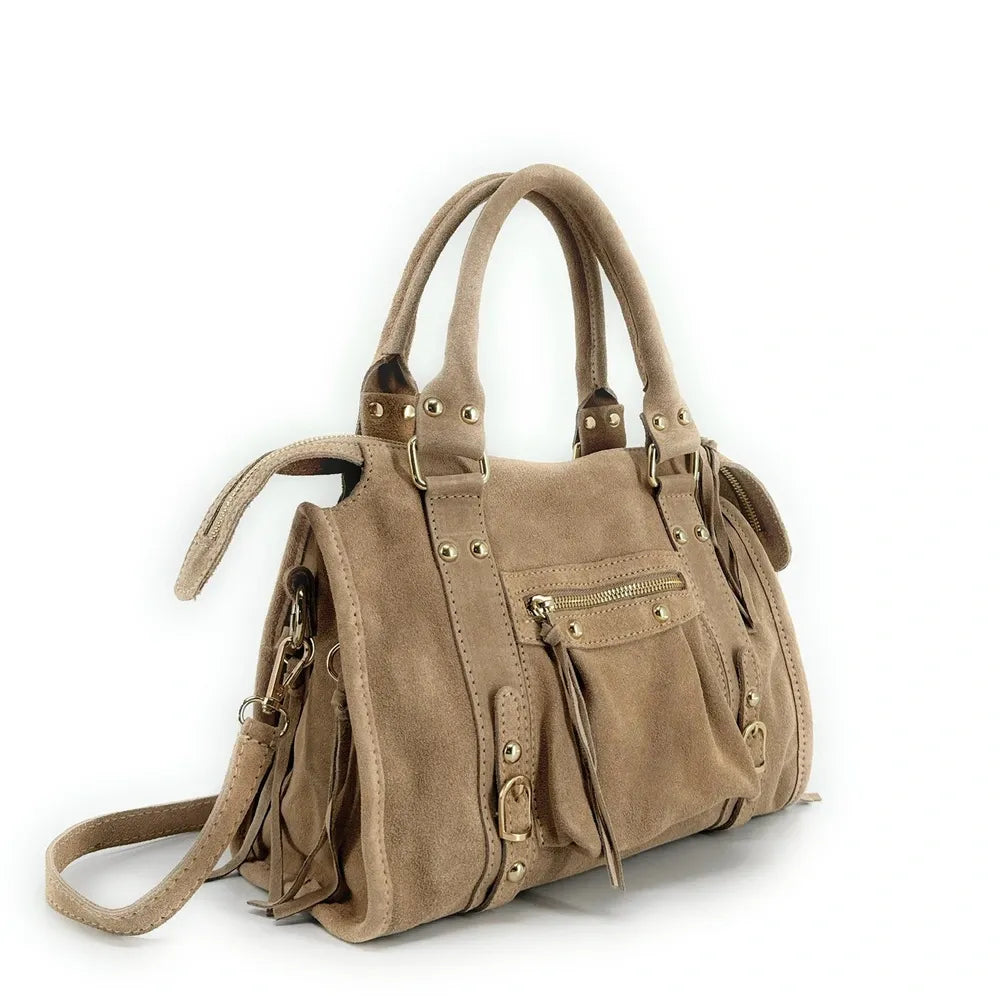 Sac à main en croûte de cuir STORM SUEDE GOLD Taupe clair