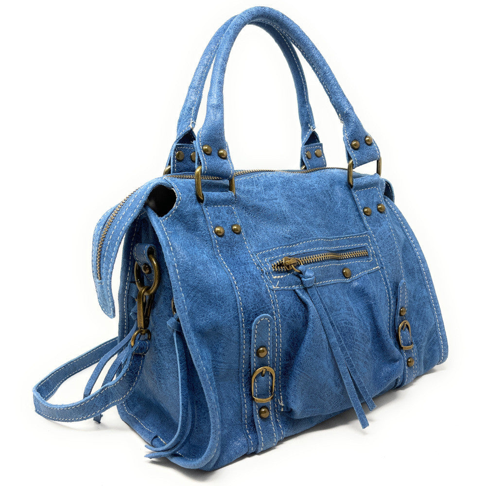 Sac à main en cuir brossé SANDSTORM (petit modèle) Bleu denim
