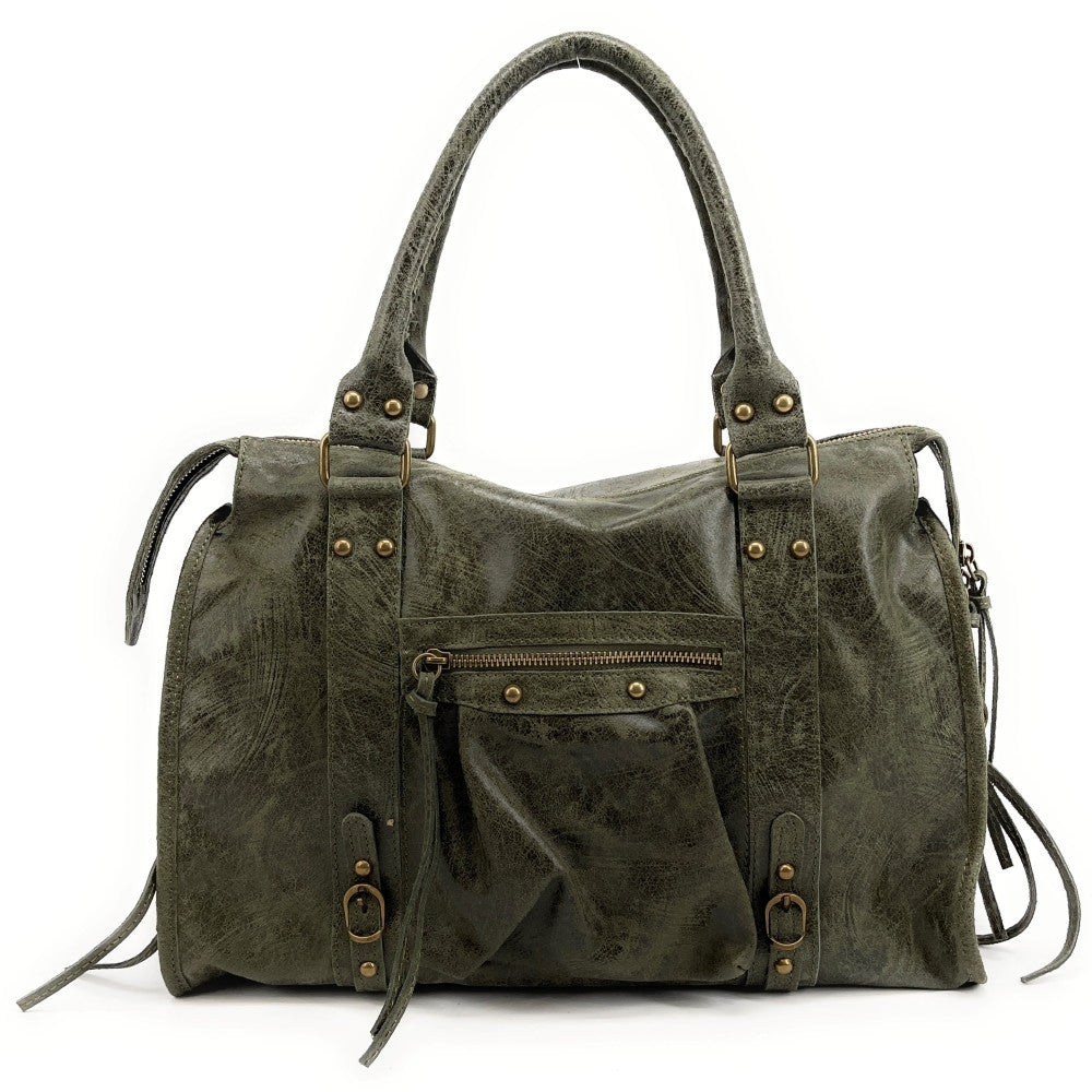 Sac Manoukian En Cuir Et Toile Kaki/marron - Porté épaule, Bon état