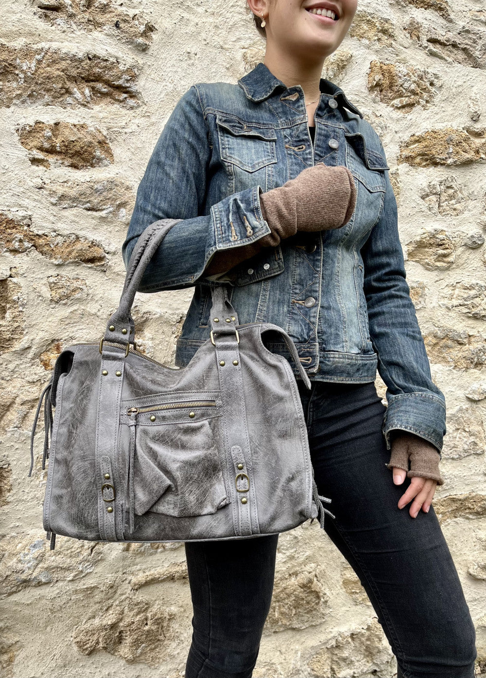 Sac à main en cuir brossé SANDSTORM Gris foncé