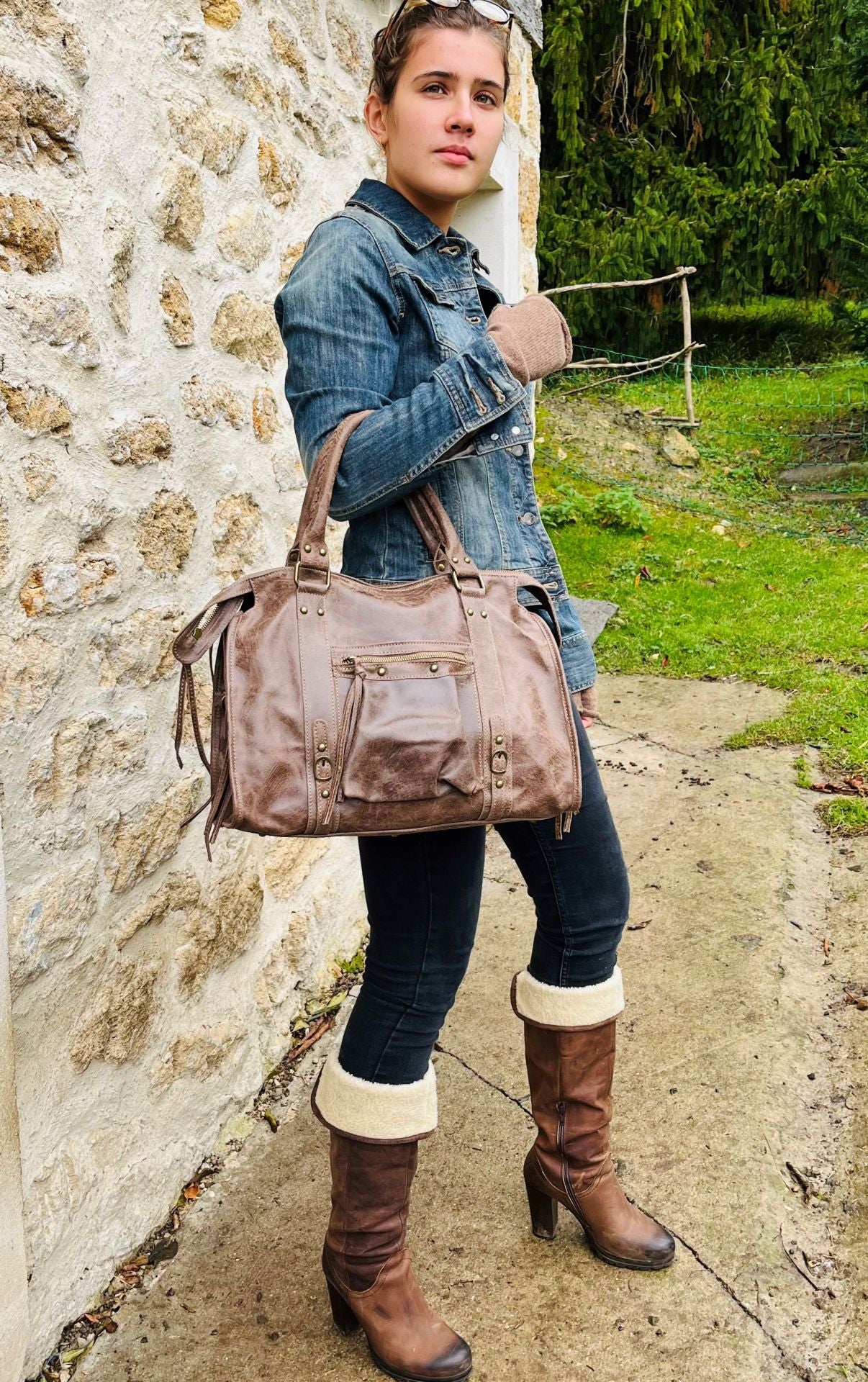 Sac à main en cuir brossé SANDSTORM Taupe foncé