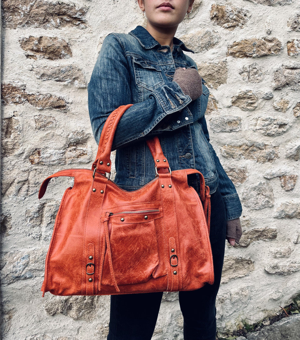 Sac à main en cuir brossé SANDSTORM Mandarine