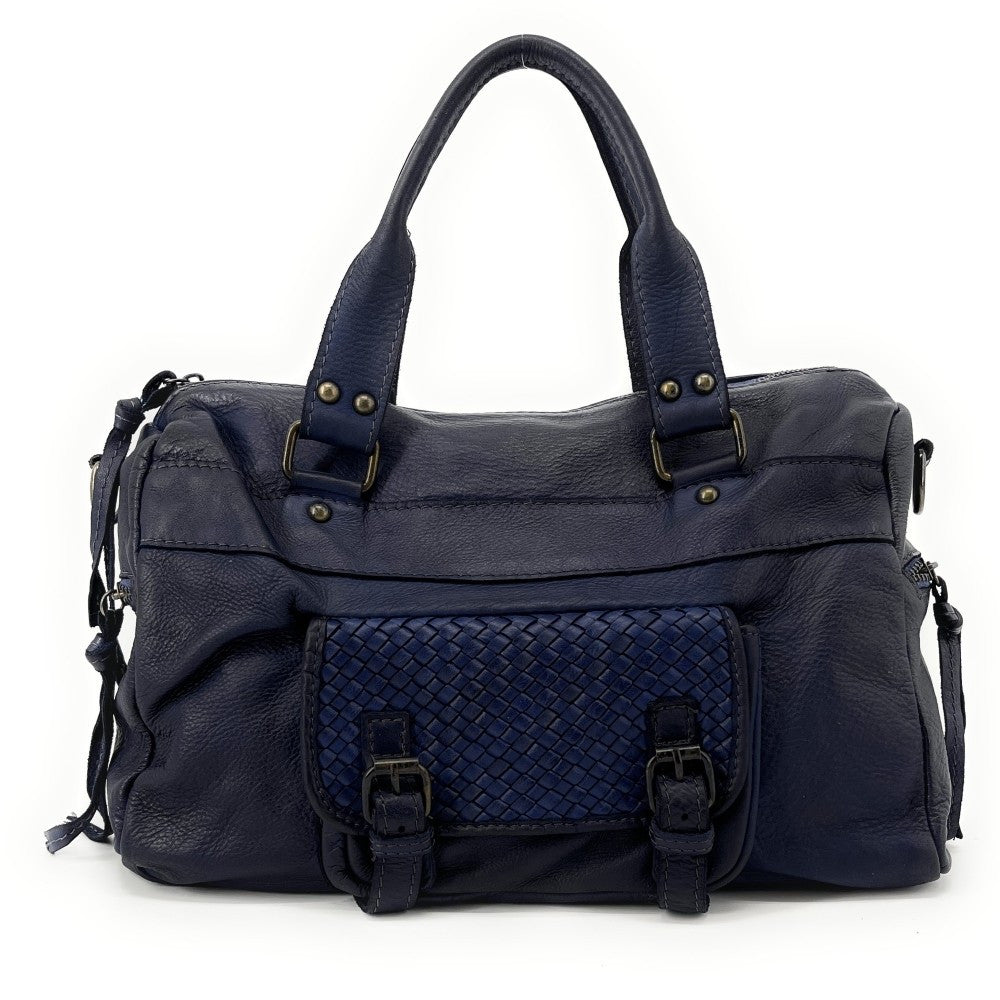 Sac en cuir vintage MISS EUGENIE Bleu marine