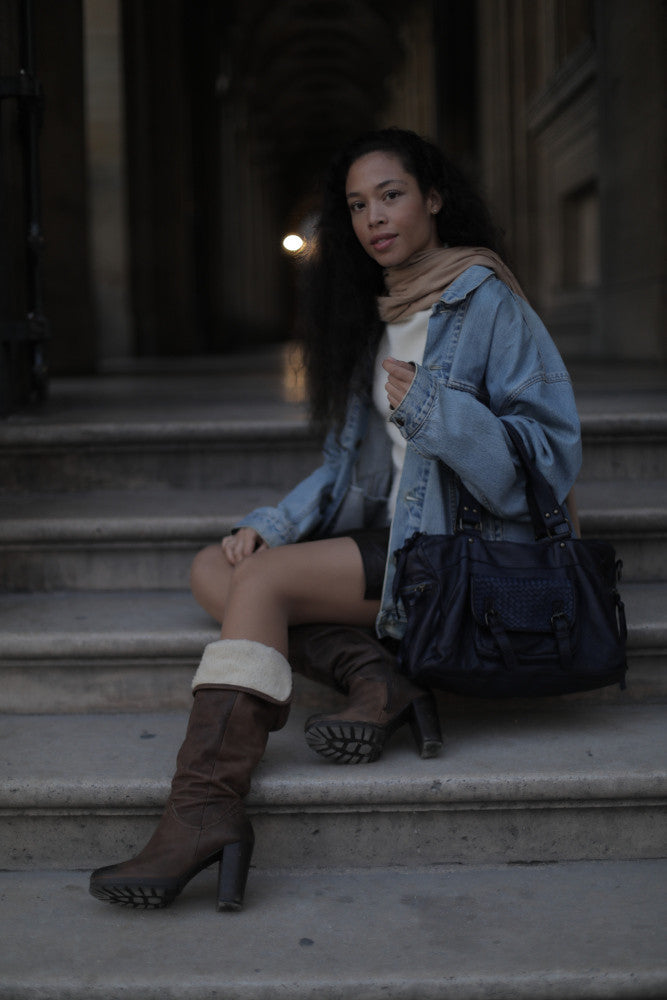 Sac en cuir vintage MISS EUGENIE Bleu marine