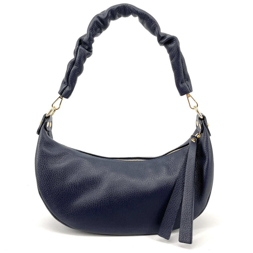 Sac demi-lune porté épaule en cuir grainé AURORA Bleu marine
