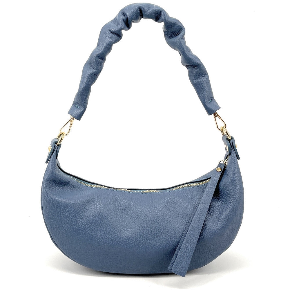 Sac demi-lune porté épaule en cuir grainé AURORA Bleu glacier