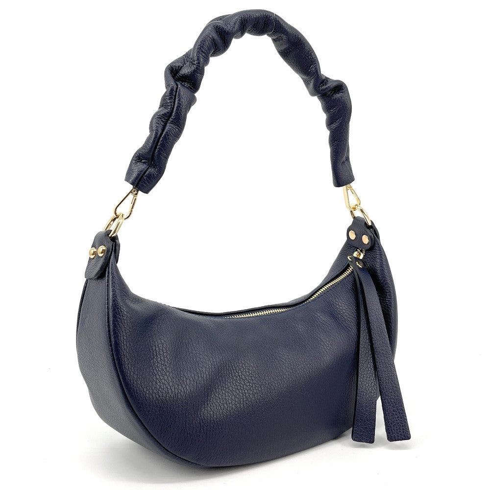 Sac demi-lune porté épaule en cuir grainé AURORA Bleu marine