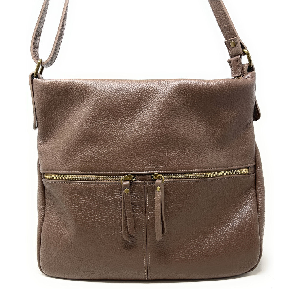 Sac bandoulière en cuir grainé CLEM Taupe foncé
