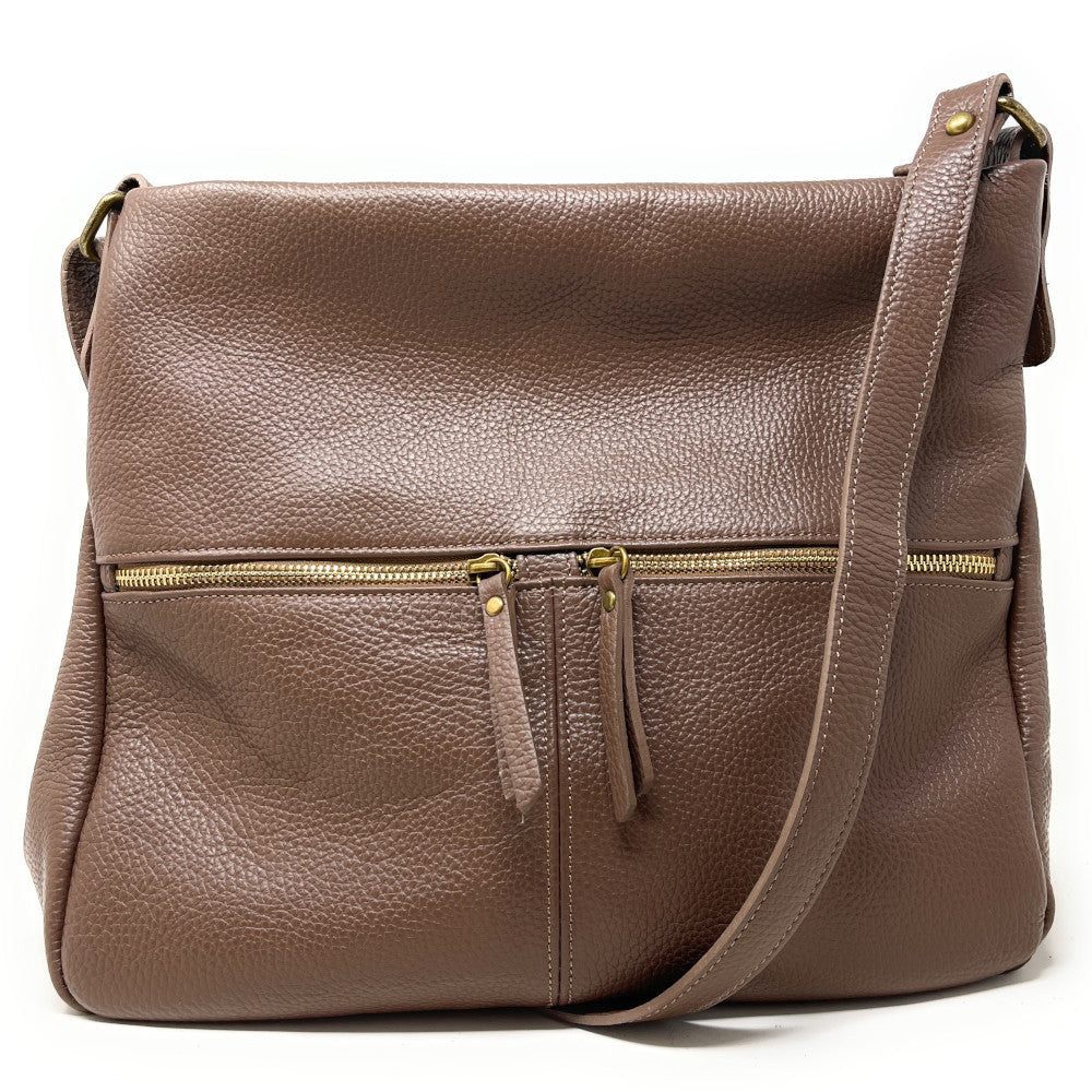 Sac bandoulière en cuir grainé CLEM Taupe foncé