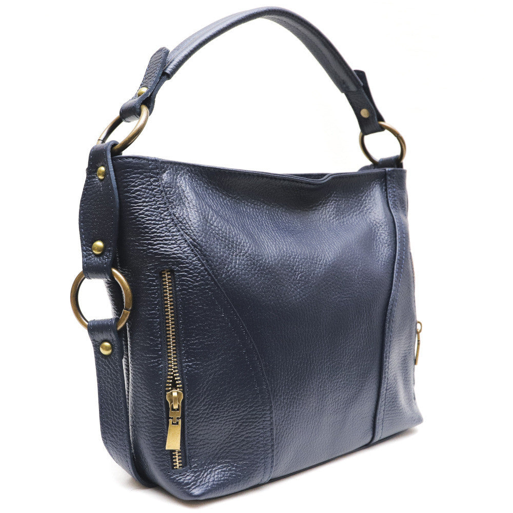 Sac à main en cuir grainé italien SETE B Bleu marine