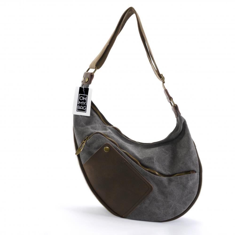 Sac besace holster en cuir italien et toile FEROE Gris clair