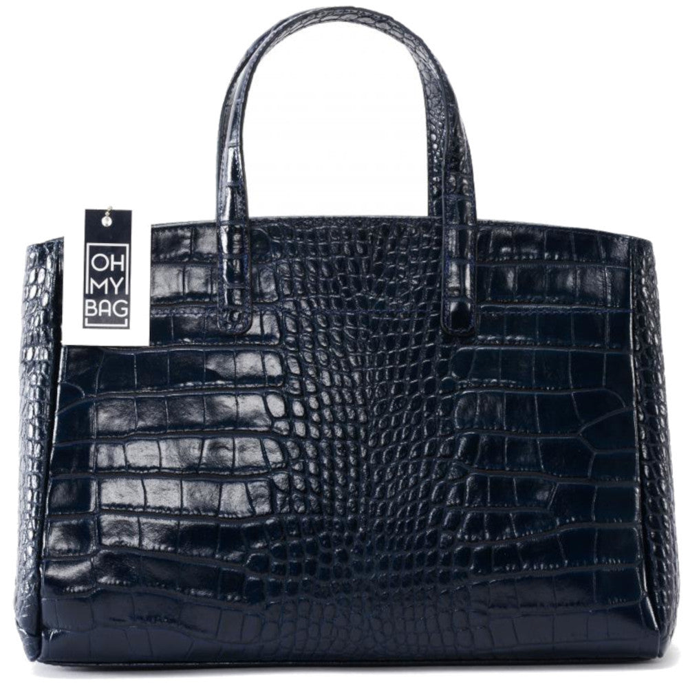 Sac cabas en cuir verni façon croco BE LADY Bleu marine