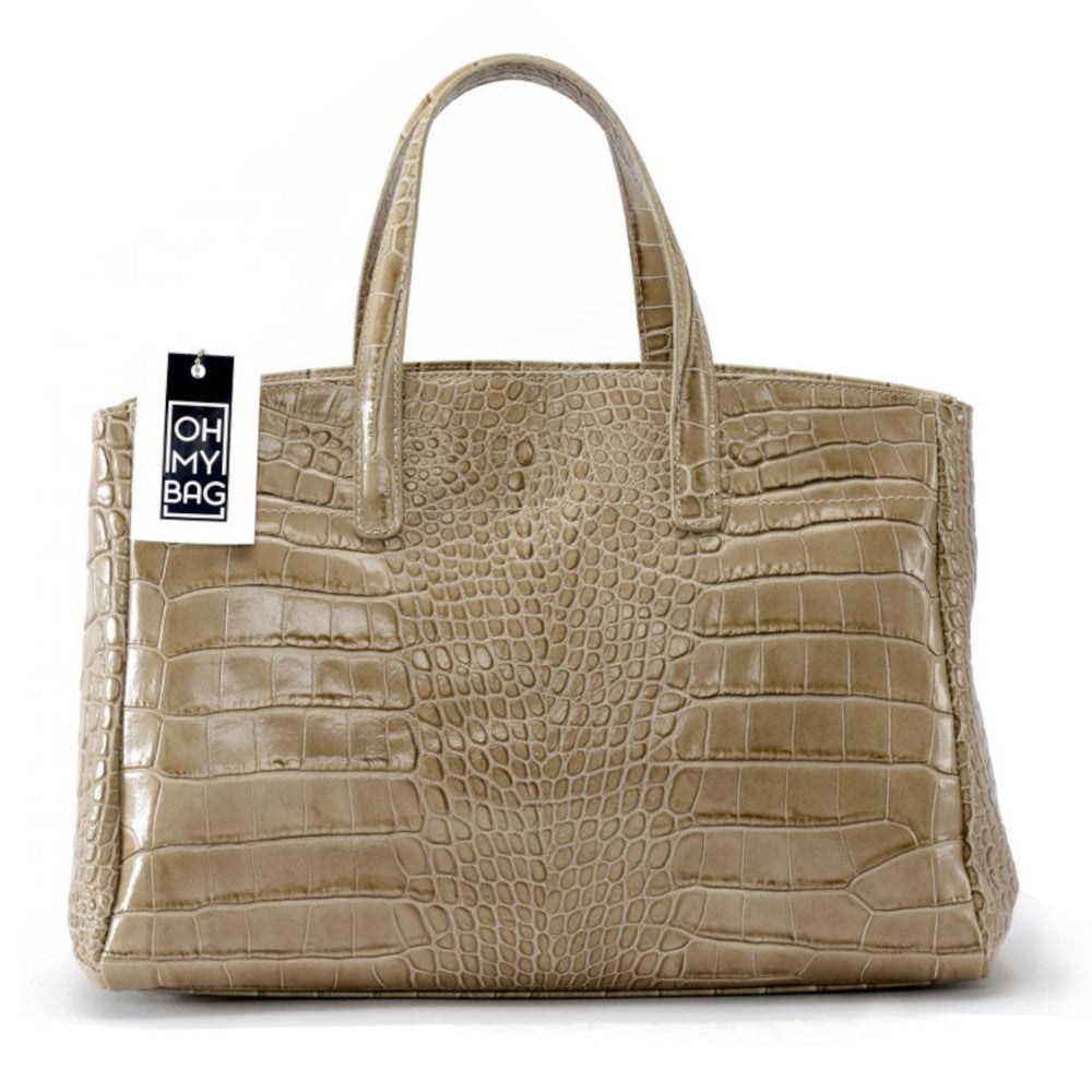 Sac cabas en cuir verni façon croco BE LADY Taupe clair