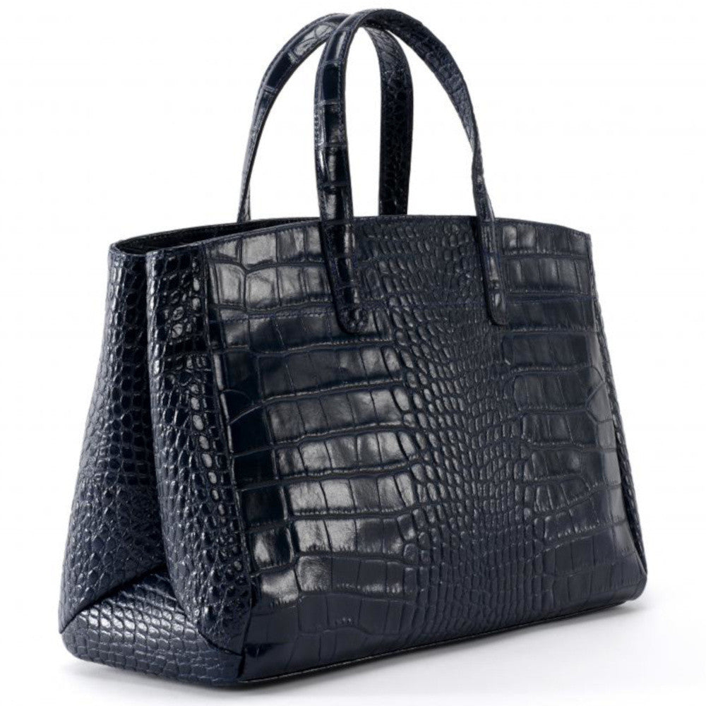 Sac cabas en cuir verni façon croco BE LADY Bleu marine