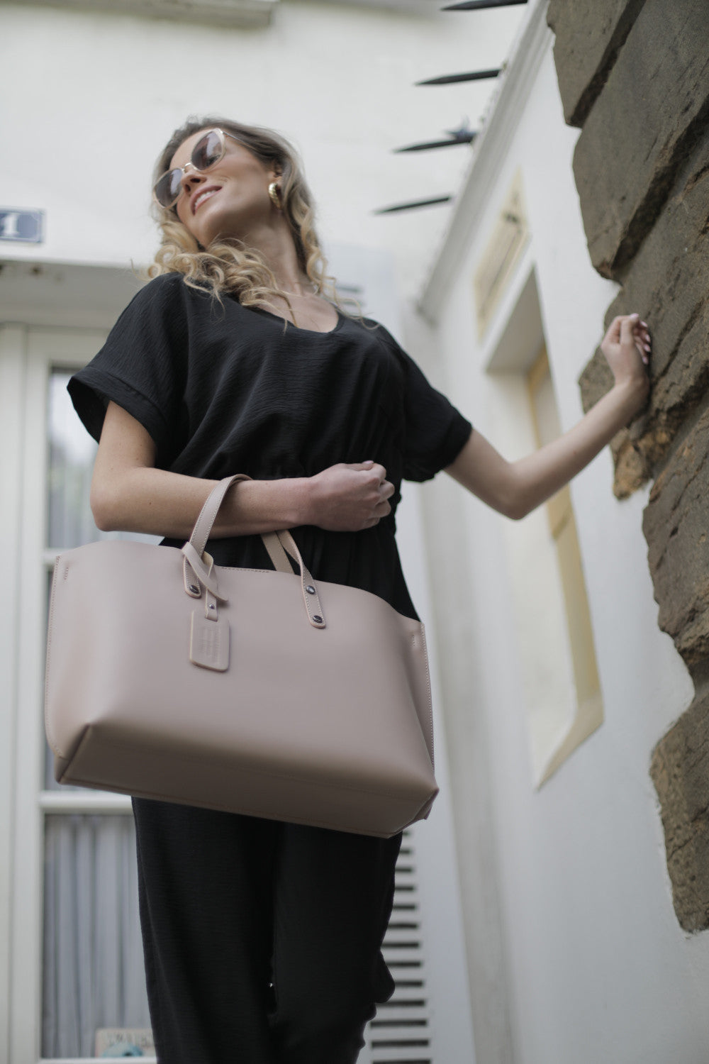 Grand sac à main en cuir glacé CHANTILLY Rose nude