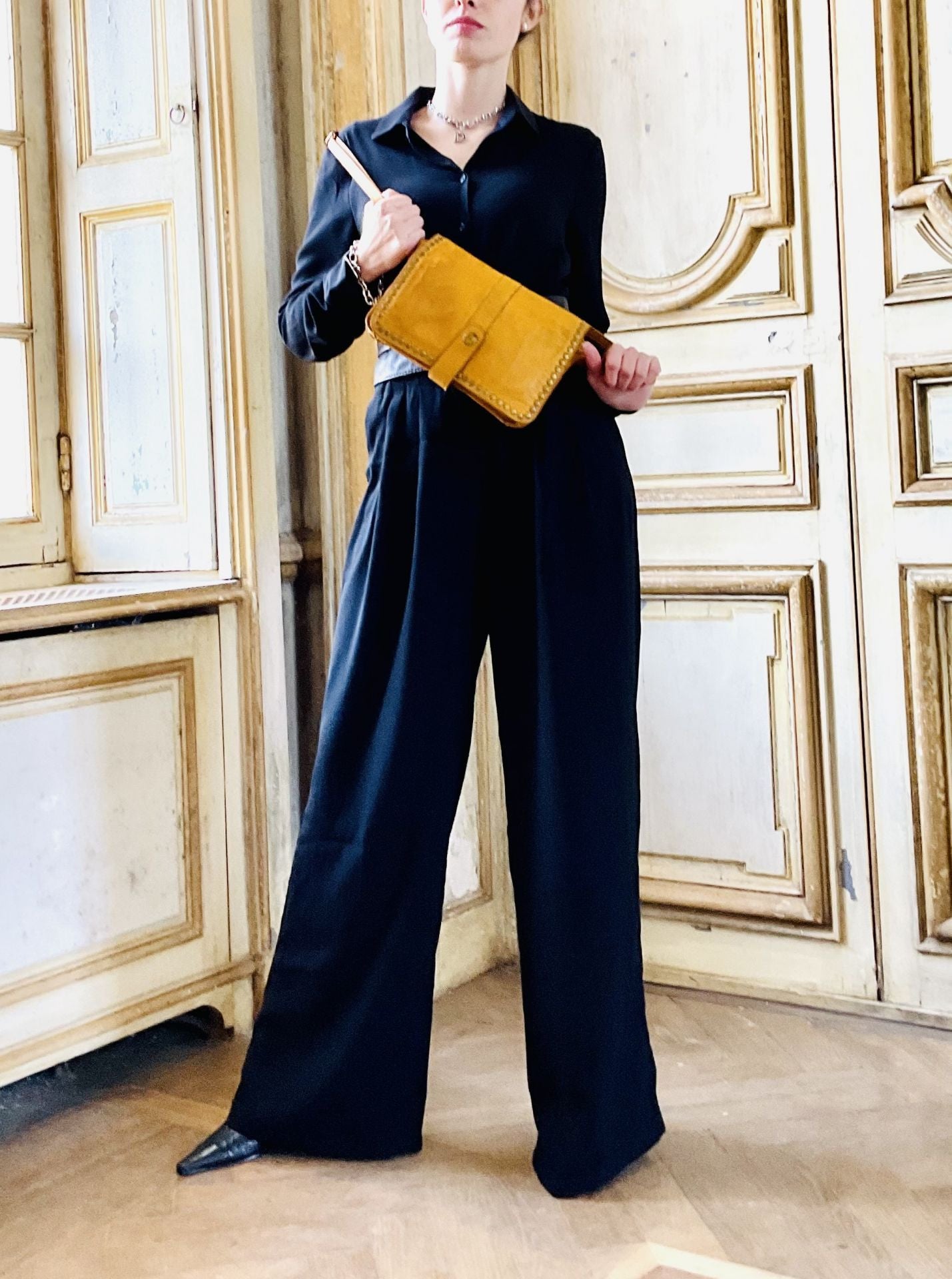 Sac besace à bandoulière en cuir vintage MISS K Jaune Moutarde