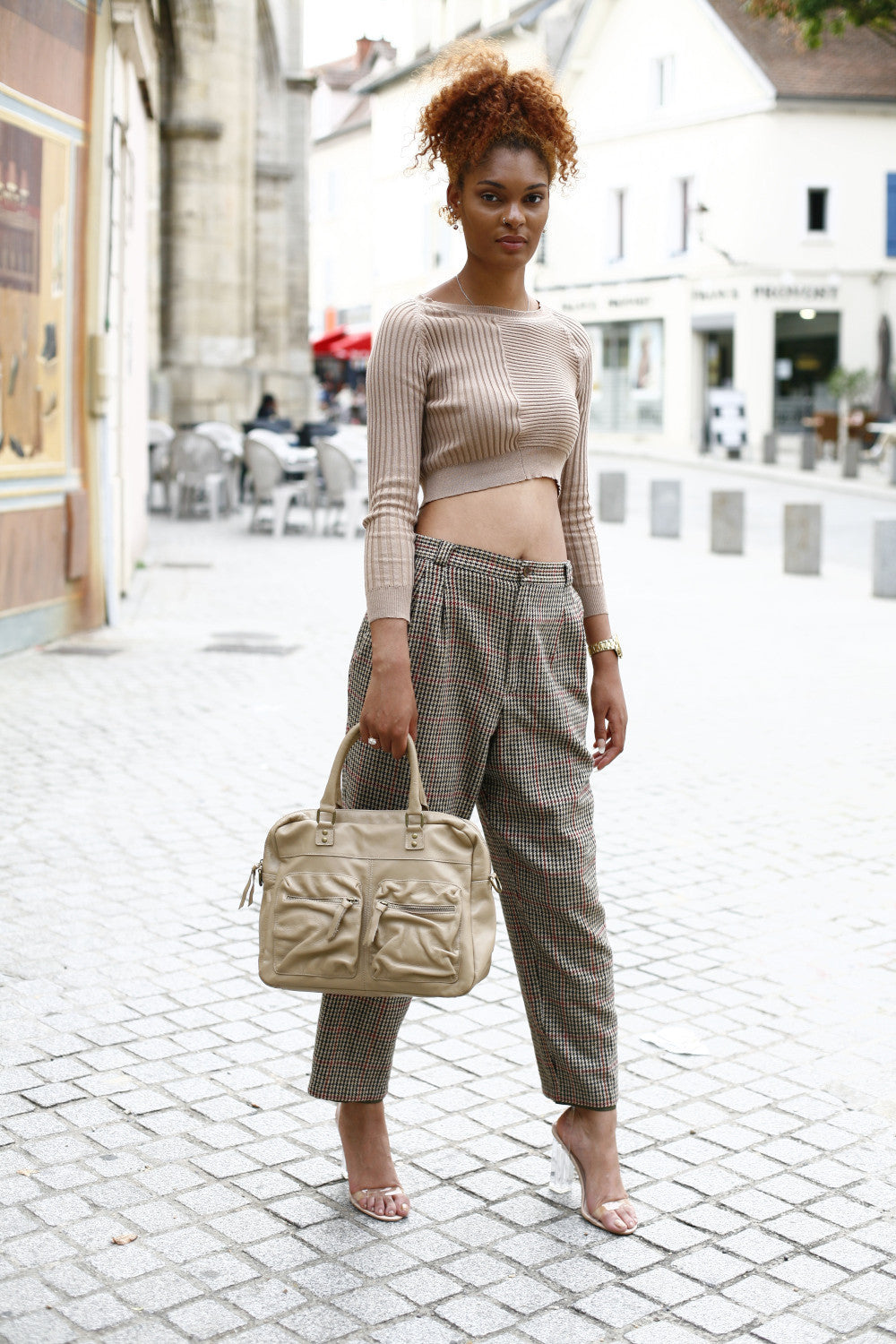 Sac à main en cuir lisse OMB MOSCOU Taupe clair