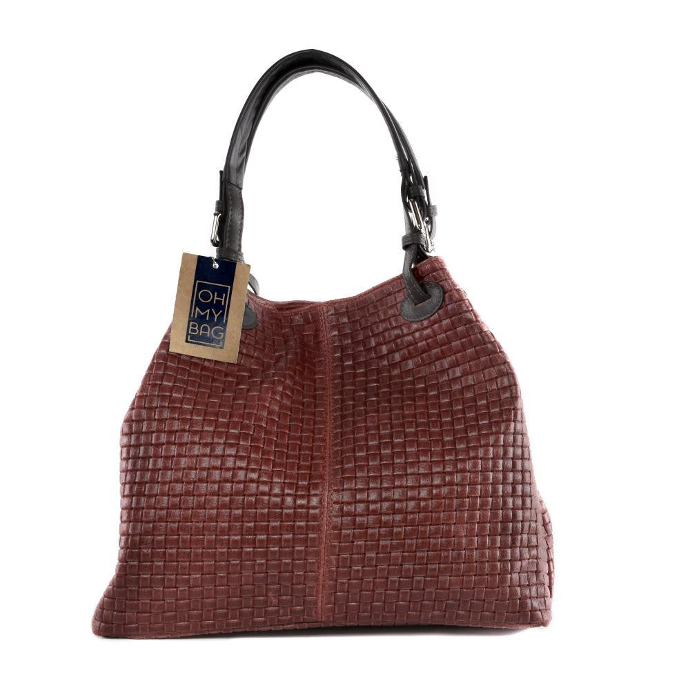 Sac à main en cuir italien embossé tressage MALLARME Rouge foncé