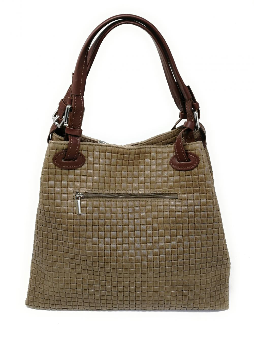 Sac à main en cuir italien embossé tressage MALLARME Taupe foncé