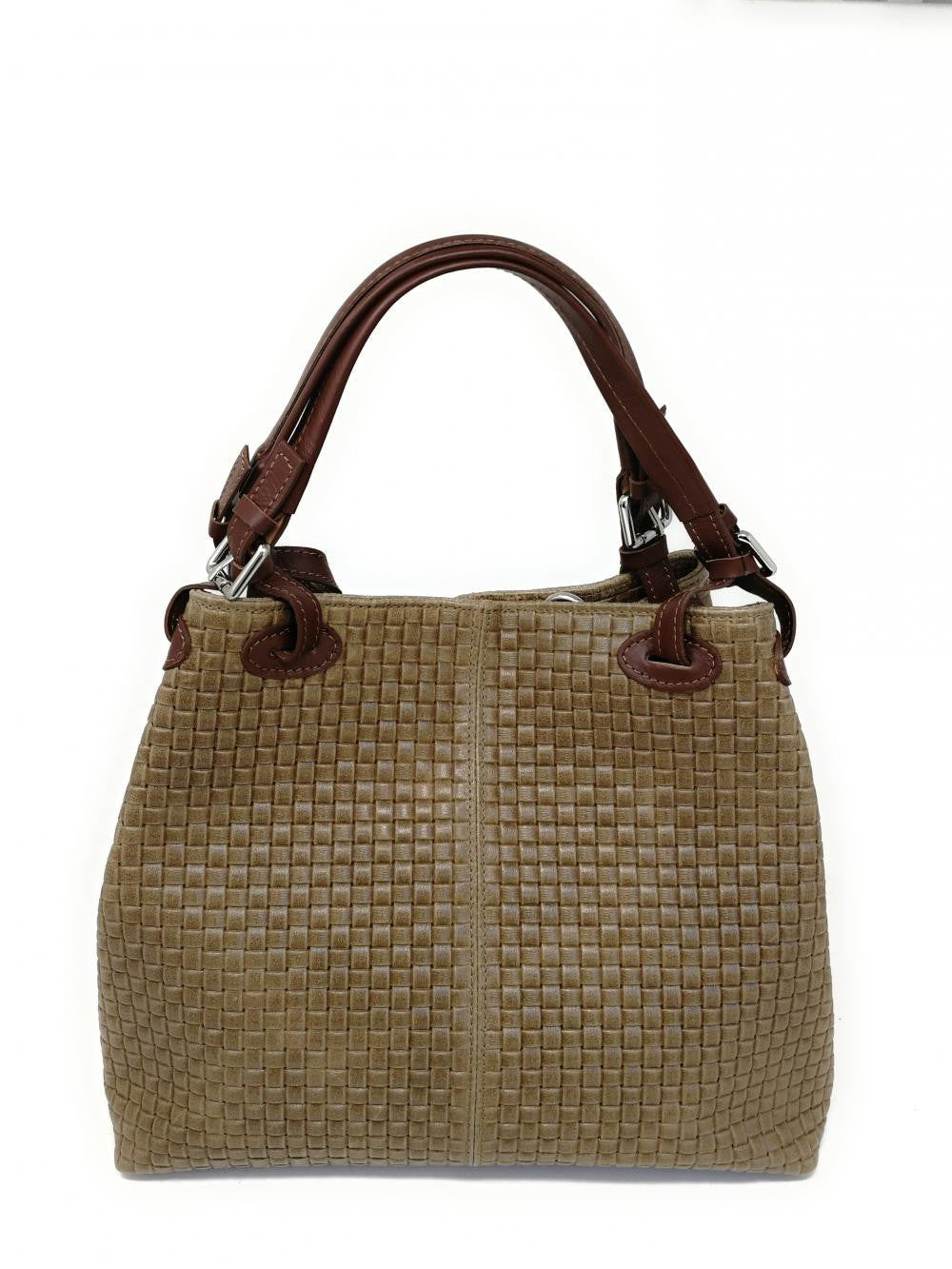 Sac à main en cuir italien embossé tressage MALLARME Taupe foncé