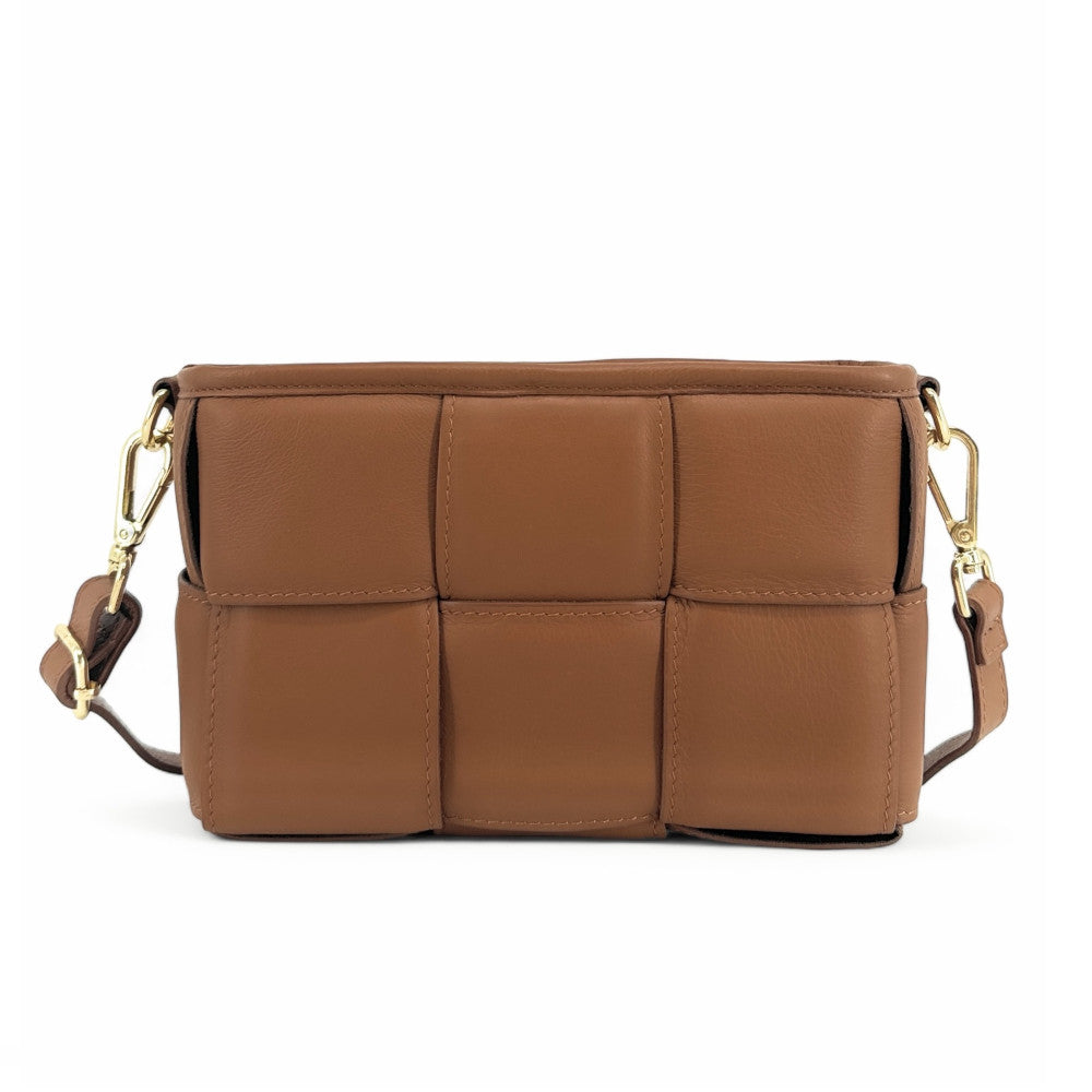 Sac à main boxy en cuir lisse tressé HALMA Camel foncé