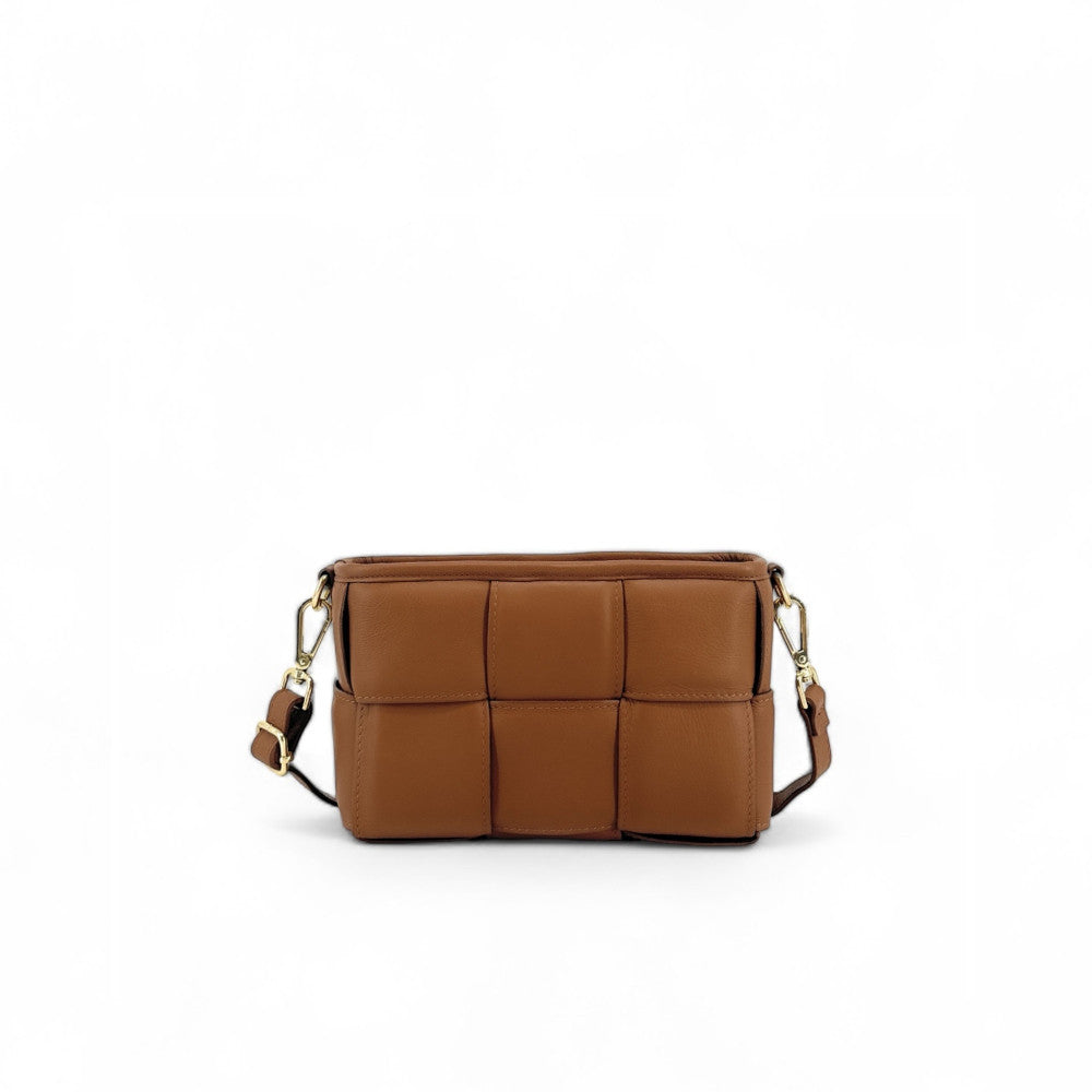 Sac à main boxy en cuir lisse tressé HALMA Camel foncé