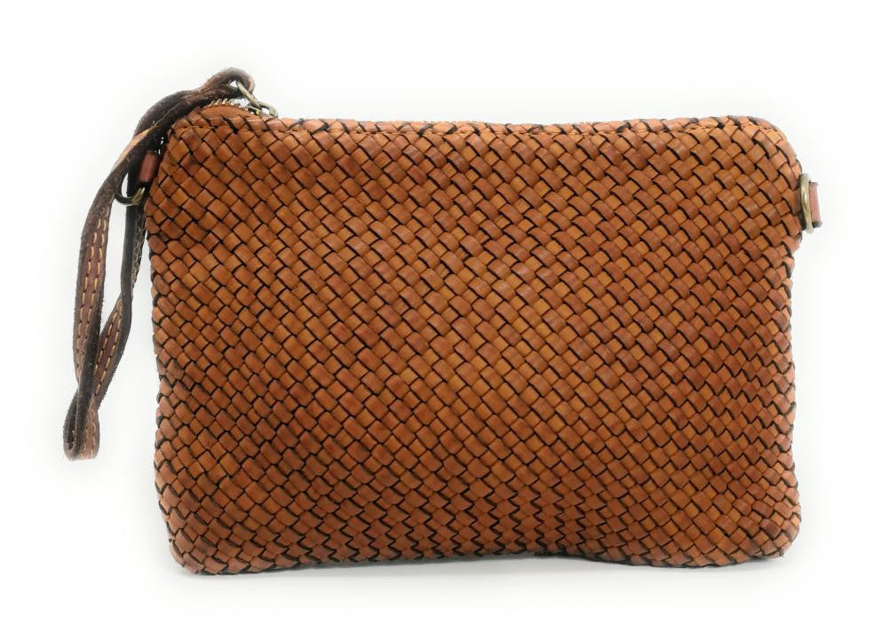 Sac pochette en cuir tressé ALMA Cognac